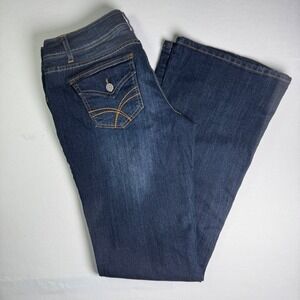 SO Size 11 Mid Rise Flare Jeans Dark Wash Stretch Denim Wide Leg Pocket Flap